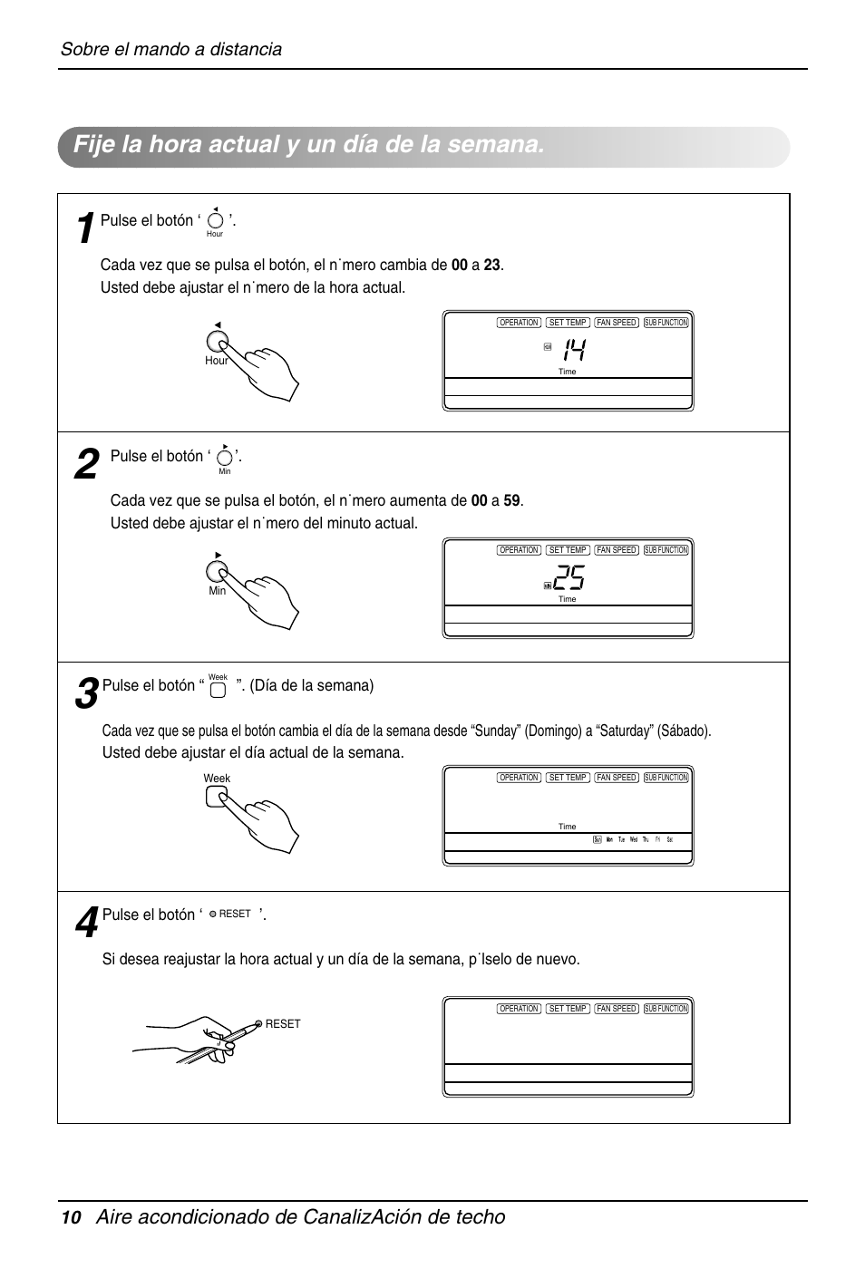 Fije la hora actual y un día de la semana, Aire acondicionado de canalización de techo, Sobre el mando a distancia 10 | LG B42AH User Manual | Page 10 / 33