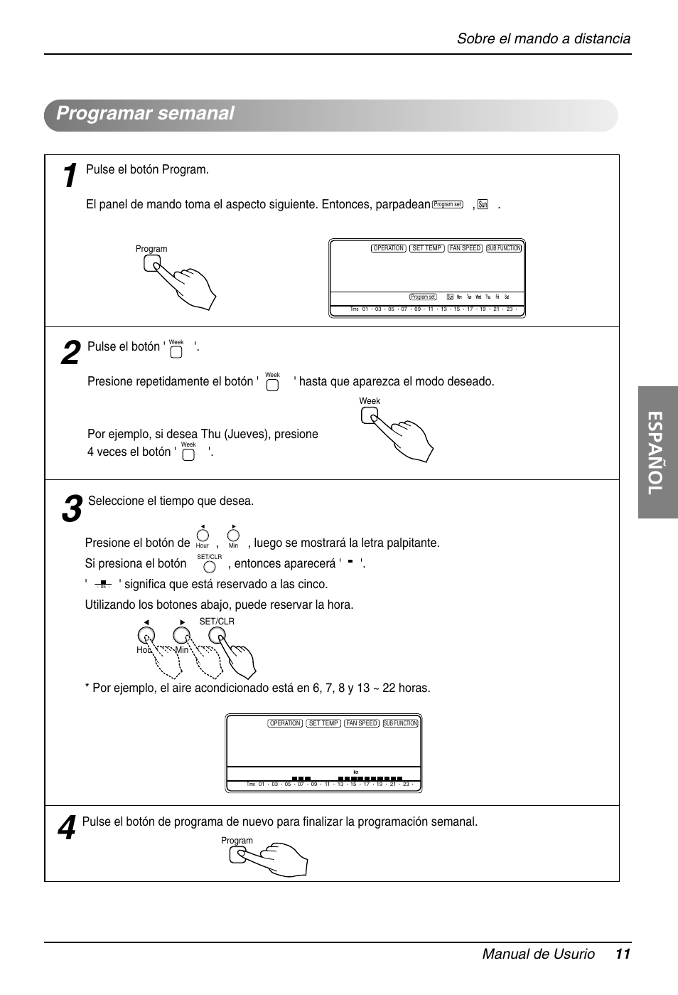 Español, Programar semanal, Sobre el mando a distancia manual de usurio 11 | LG B42AH User Manual | Page 11 / 33