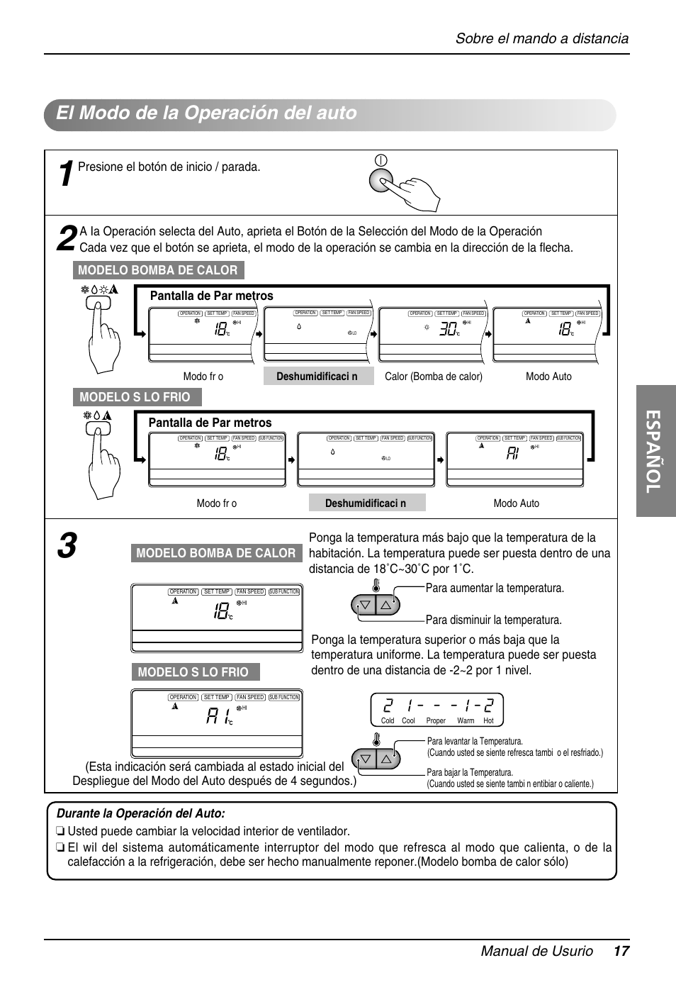 Español, El modo de la operación del auto, Sobre el mando a distancia manual de usurio 17 | Modelo s lo frio, Pantalla de par metros, Presione el botón de inicio / parada, Modo fr o deshumidificaci n modo auto, Cold cool proper warm hot | LG B42AH User Manual | Page 17 / 33