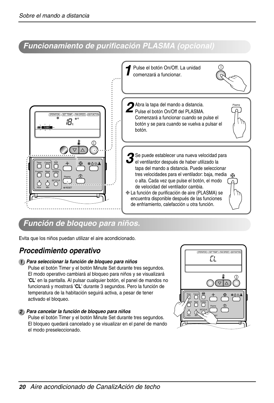 Procedimiento operativo, Aire acondicionado de canalización de techo, Sobre el mando a distancia 20 | LG B42AH User Manual | Page 20 / 33