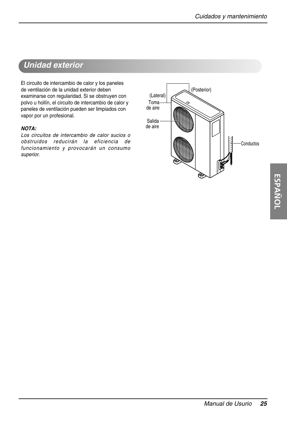 Español, Unidad exterior | LG B42AH User Manual | Page 25 / 33