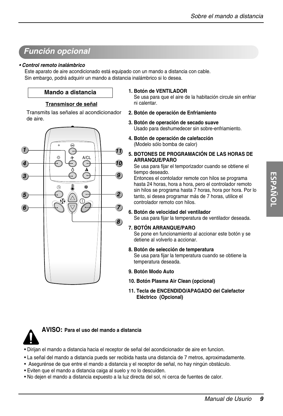 Español, Función opcional, Aviso | LG B42AH User Manual | Page 9 / 33