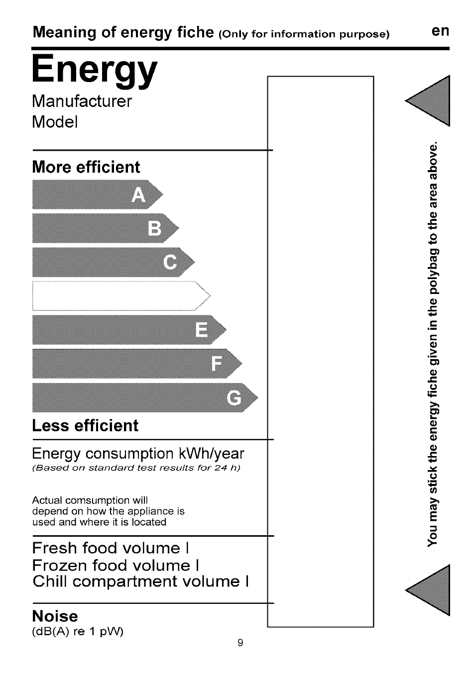 Energy, Manufacturer, Model | More efficient, Less efficient, Energy consumption kwh/year, Noise, Meaning of energy fiche, Manufacturer model | Beko B 1751 User Manual | Page 16 / 64