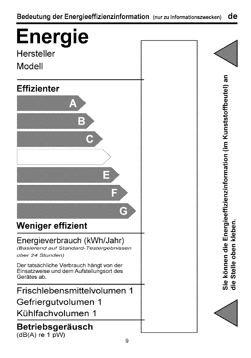 Energie, Effizienter, Weniger effizient | Energieverbrauch (kwh/jahr), Betriebsgeräusch, Hersteller modell, Bedeutung der energieeffizienzinformation | Beko B 1751 User Manual | Page 25 / 64