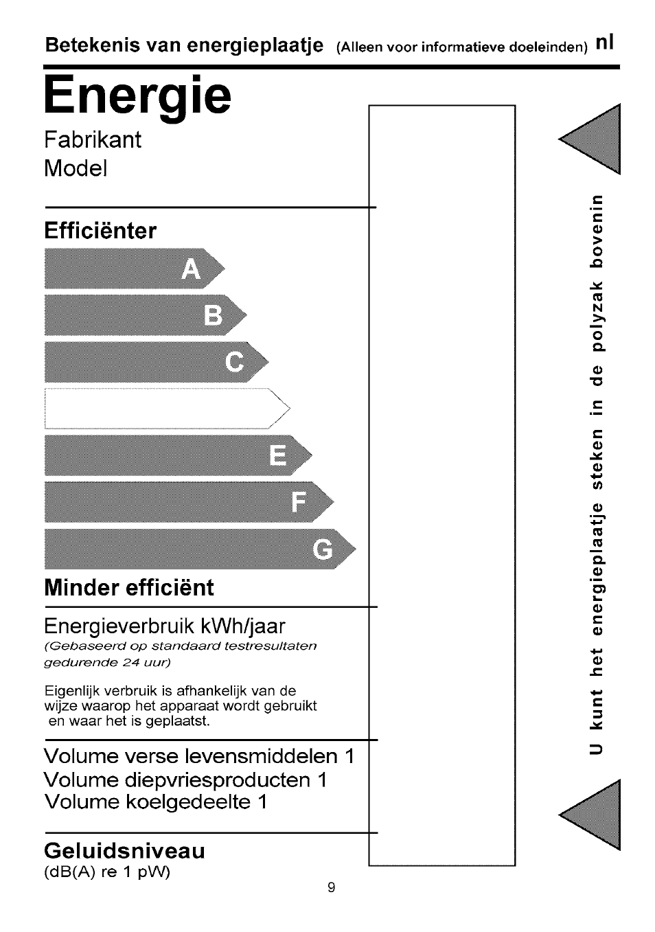 Energie, Efficienter, Minder efficient | Energieverbruik kwh/jaar, Geluidsniveau, Fabrikant model, Betekenis van energieplaatje | Beko B 1751 User Manual | Page 34 / 64