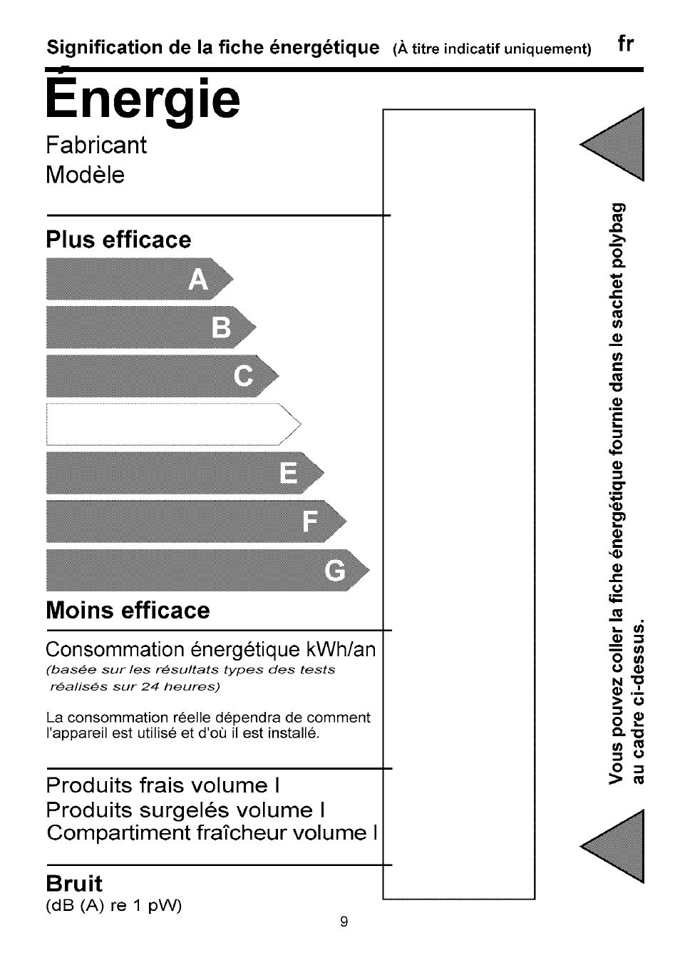 Energie, Plus efficace, Moins efficace | Bruit, Fabricant modèle, Consommation énergétique kwh/an, Signification de la fiche énergétique, Plus efficace moins efficace | Beko B 1751 User Manual | Page 43 / 64