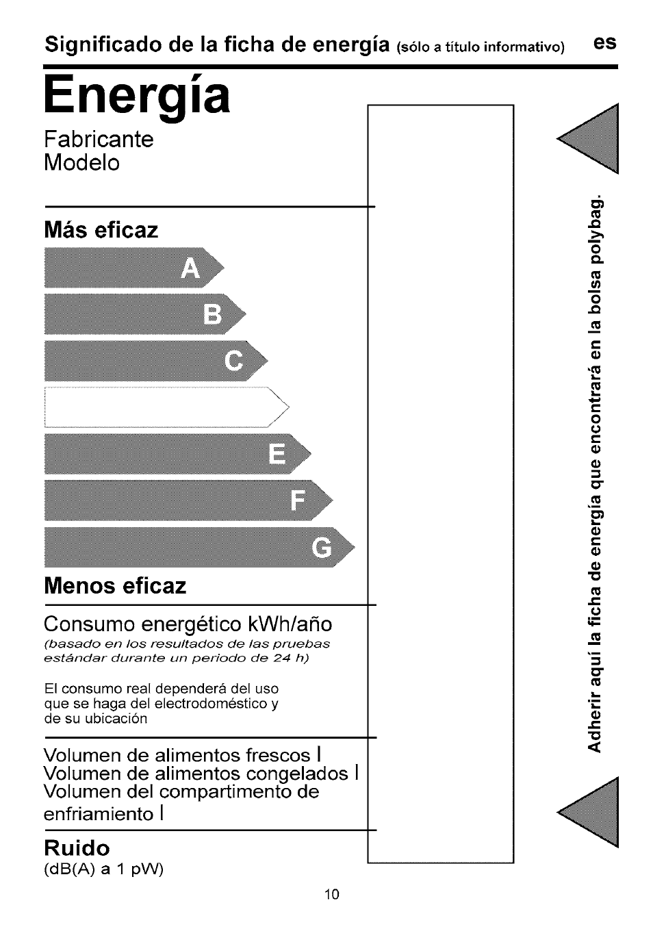 Energía, Fabricante, Modelo | Más eficaz, Consumo energético kwh/año, Ruido, Fabricante modelo, Más eficaz menos eficaz consumo energético kwh/año, Iruido, Volumen de alimentos frescos | Beko B 1751 User Manual | Page 53 / 64