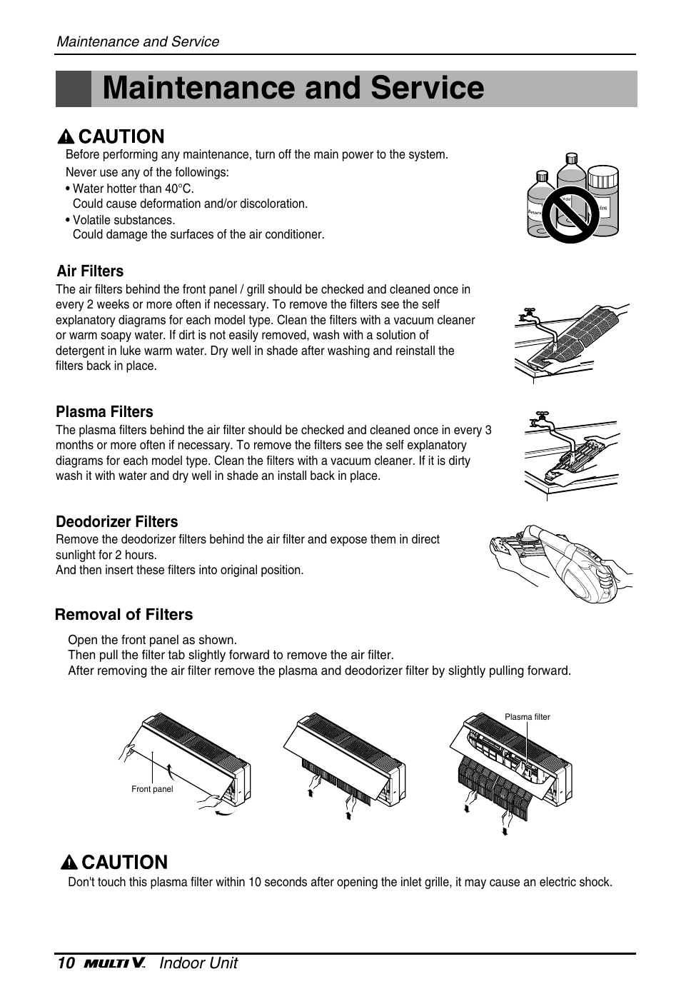 Maintenance and service, 10 indoor unit, Air filters | Plasma filters, Deodorizer filters, Removal of filters | LG ARNU18GS8V2 User Manual | Page 10 / 110