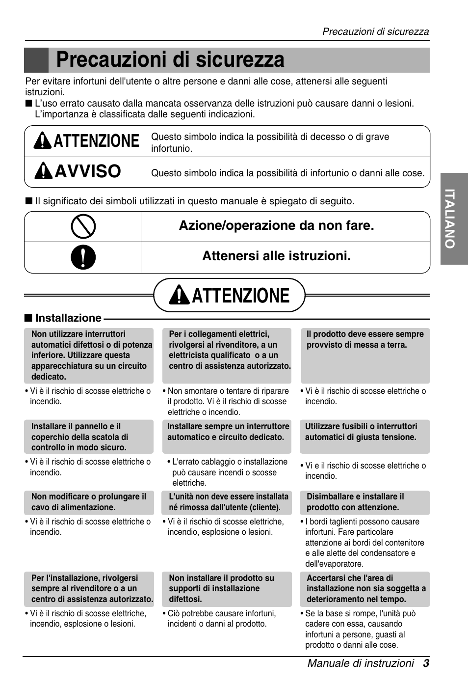 Precauzioni di sicurezza, Attenzione, Attenzione avviso | Italiano | LG ARNU18GS8V2 User Manual | Page 15 / 110