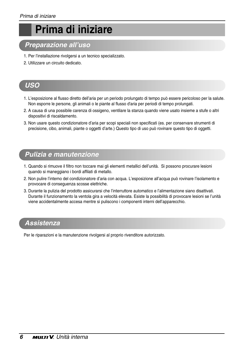 Prima di iniziare, Preparazione all’uso, Pulizia e manutenzione | Assistenza | LG ARNU18GS8V2 User Manual | Page 18 / 110