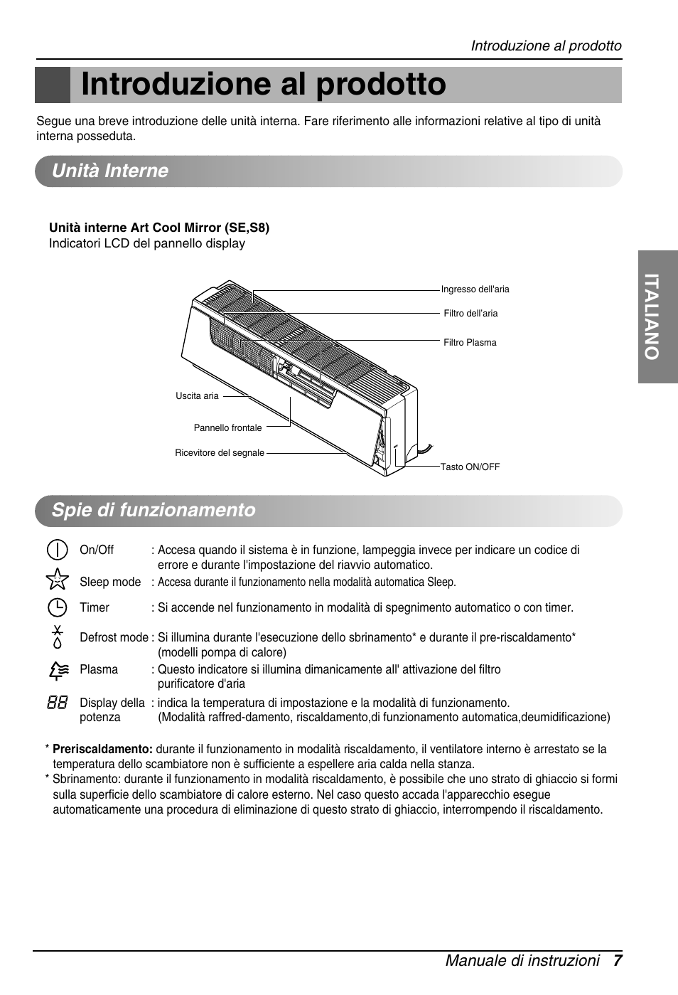 Introduzione al prodotto, Italiano, Spie di funzionamento unità interne | Manuale di instruzioni 7 | LG ARNU18GS8V2 User Manual | Page 19 / 110