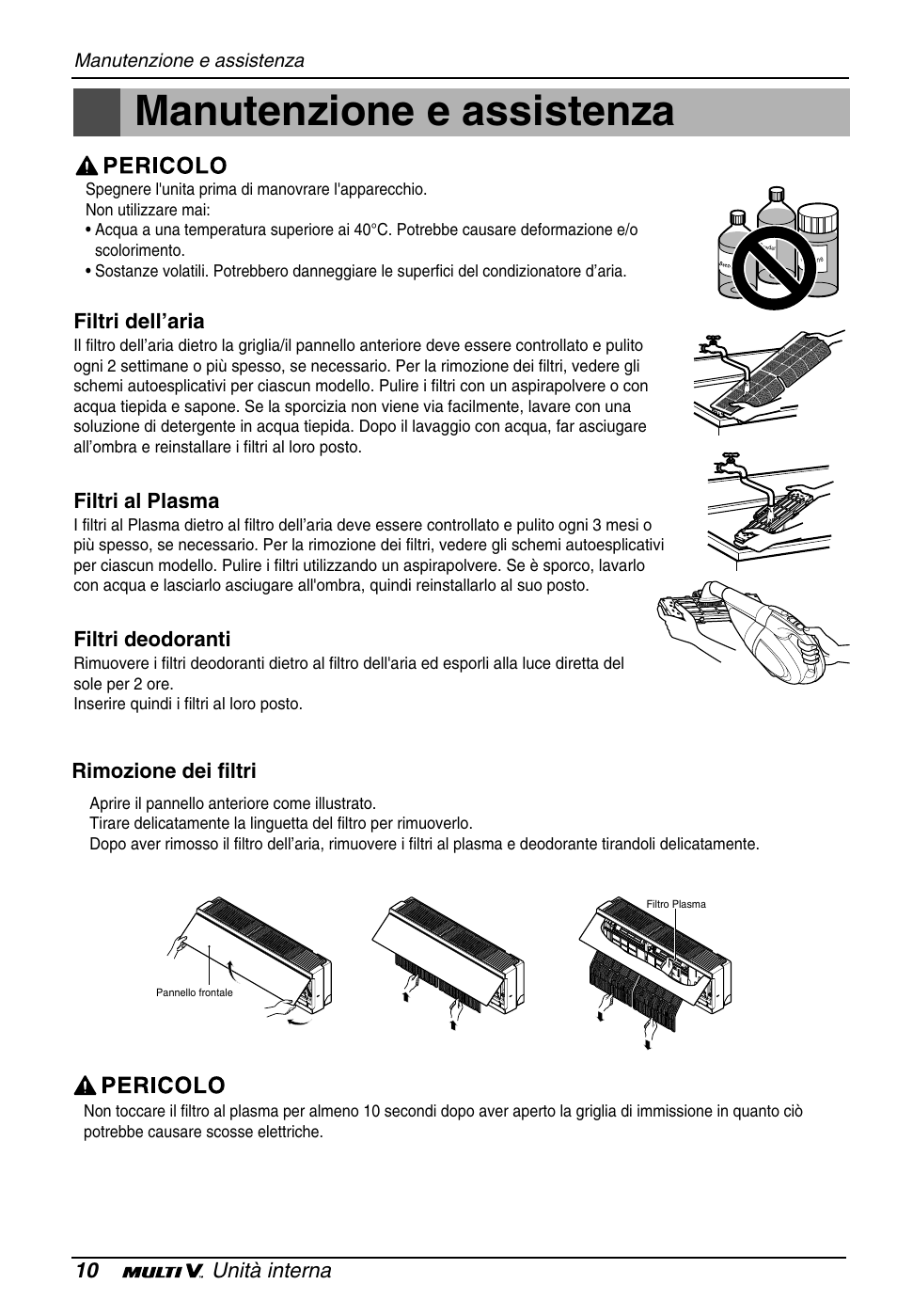 Manutenzione e assistenza, 10 unità interna, Filtri dell’aria | Filtri al plasma, Filtri deodoranti, Rimozione dei filtri | LG ARNU18GS8V2 User Manual | Page 22 / 110