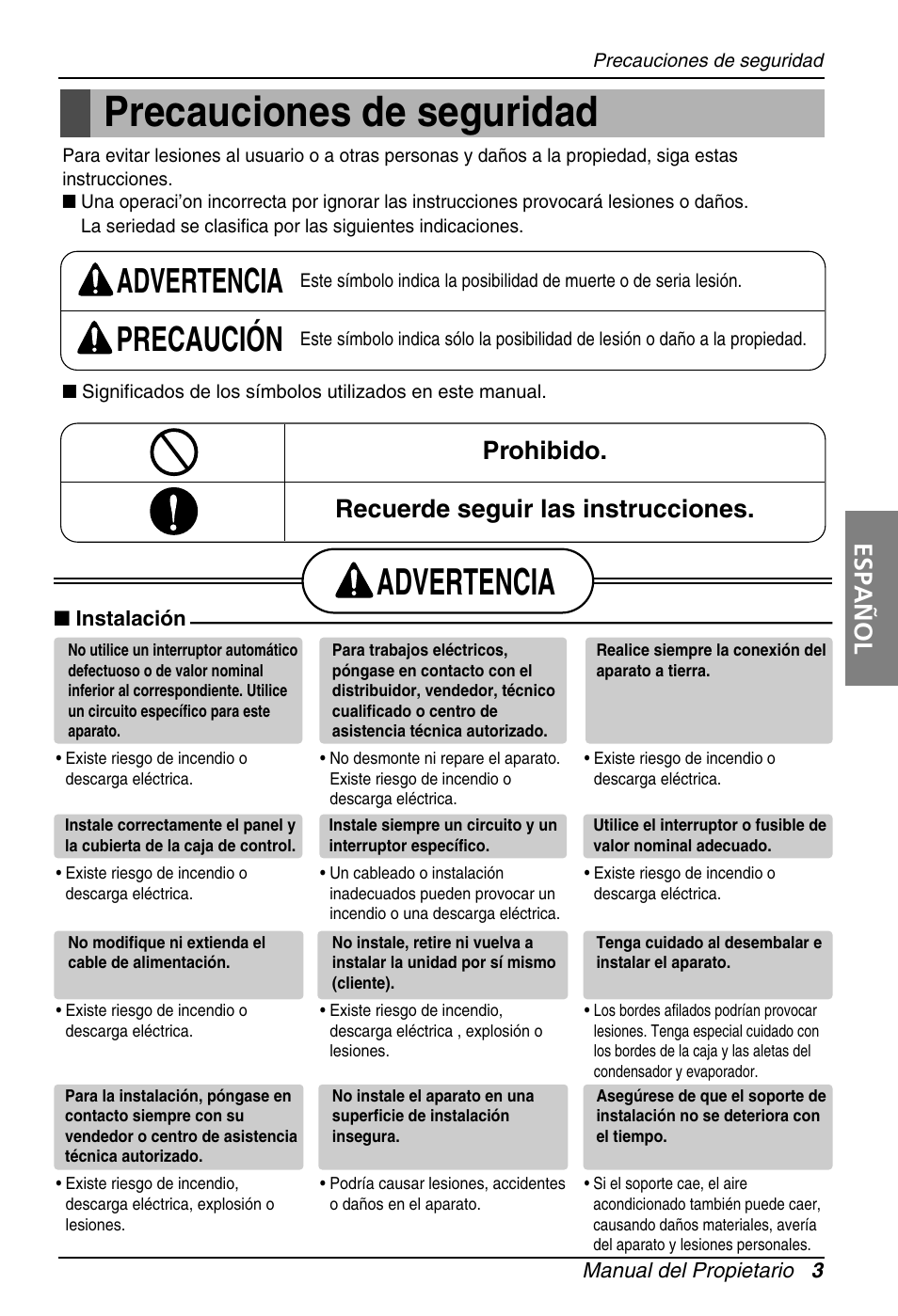 Precauciones de seguridad, Advertencia, Advertencia precaución | Español, Prohibido. recuerde seguir las instrucciones | LG ARNU18GS8V2 User Manual | Page 27 / 110