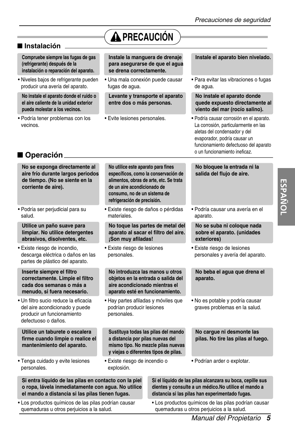 Precaución, Español, Operación | Manual del propietario 5, Instalación | LG ARNU18GS8V2 User Manual | Page 29 / 110