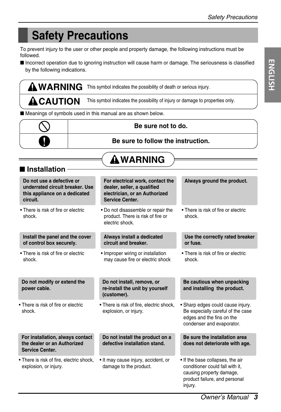 Safety precautions, Warning caution, Warning | English, Installation | LG ARNU18GS8V2 User Manual | Page 3 / 110