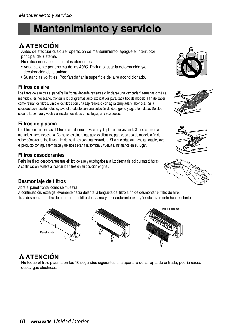 Mantenimiento y servicio, 10 unidad interior, Filtros de aire | Filtros de plasma, Filtros desodorantes, Desmontaje de filtros | LG ARNU18GS8V2 User Manual | Page 34 / 110