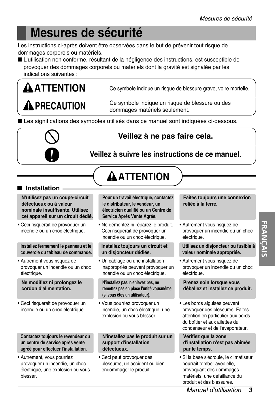 Mesures de sécurité, Attention precaution, Attention | Français | LG ARNU18GS8V2 User Manual | Page 39 / 110