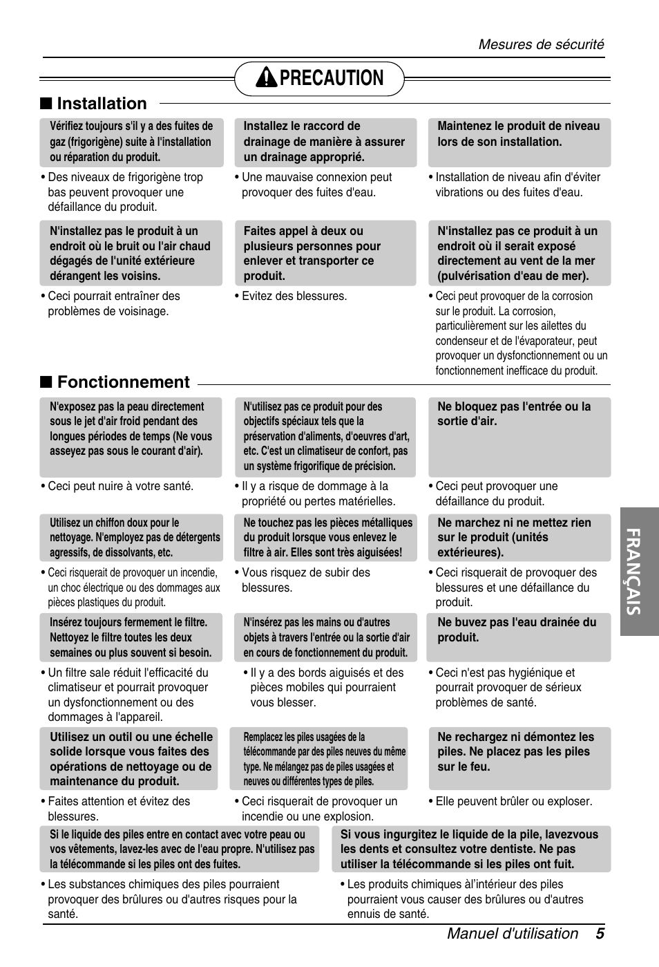 Precaution, Français, Installation | Fonctionnement, Manuel d'utilisation 5 | LG ARNU18GS8V2 User Manual | Page 41 / 110