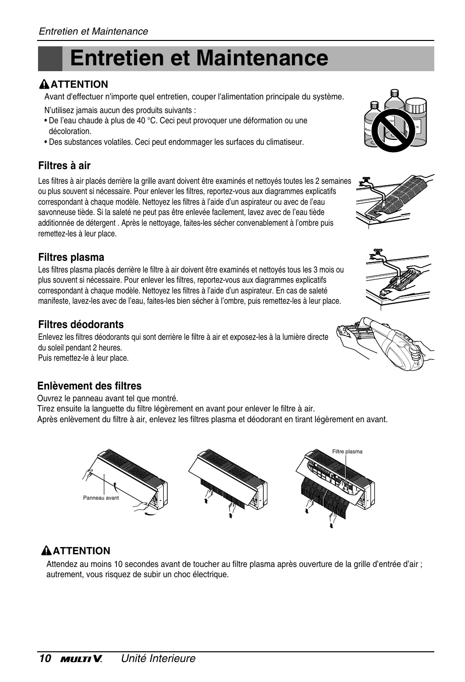 Entretien et maintenance, 10 unité interieure, Filtres à air | Filtres plasma, Filtres déodorants, Enlèvement des filtres | LG ARNU18GS8V2 User Manual | Page 46 / 110