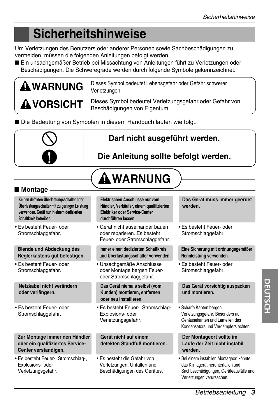 Sicherheitshinweise, Warnung, Warnung vorsicht | Deutsch | LG ARNU18GS8V2 User Manual | Page 51 / 110