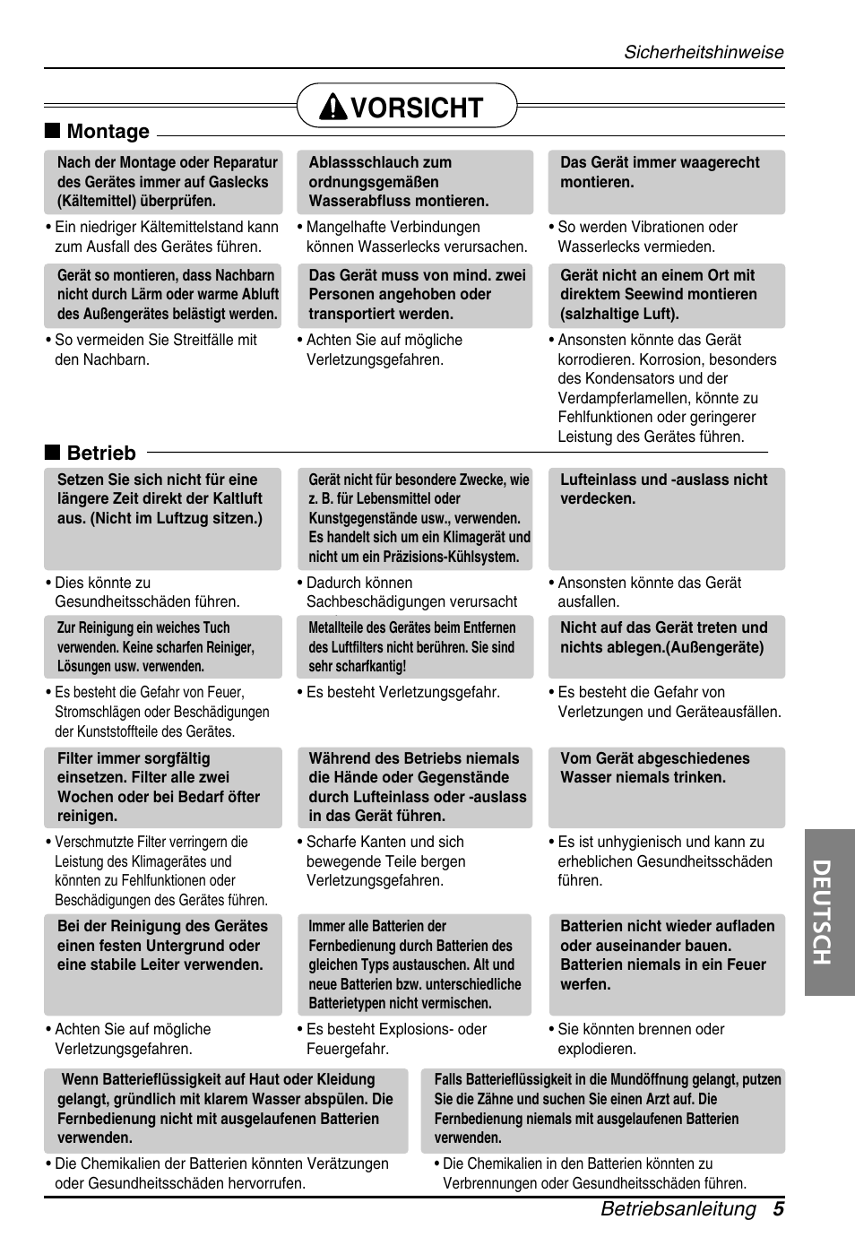 Vorsicht, Deutsch, Betriebsanleitung 5 | Montage, Betrieb | LG ARNU18GS8V2 User Manual | Page 53 / 110