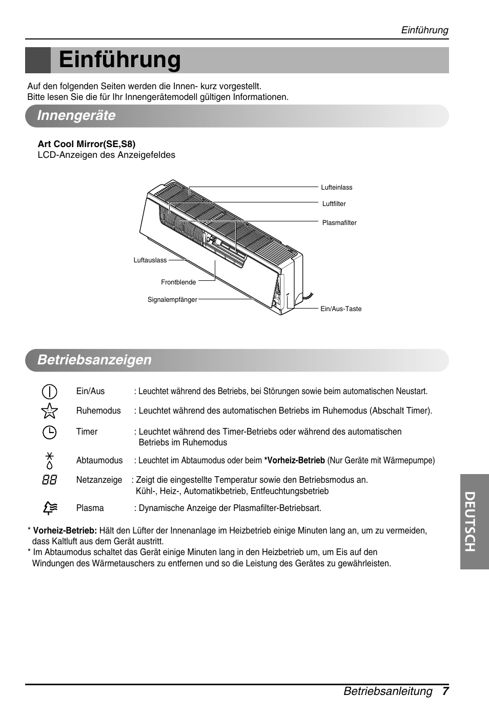 Einführung, Deutsch, Innengeräte | Betriebsanzeigen, Betriebsanleitung 7 | LG ARNU18GS8V2 User Manual | Page 55 / 110