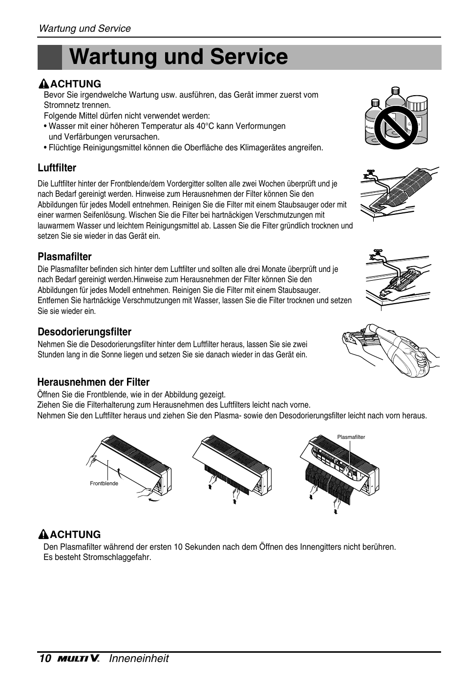 Wartung und service, 10 inneneinheit, Luftfilter | Plasmafilter, Desodorierungsfilter, Herausnehmen der filter | LG ARNU18GS8V2 User Manual | Page 58 / 110