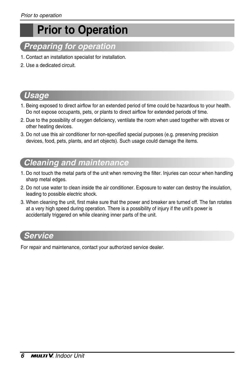 Prior to operation | LG ARNU18GS8V2 User Manual | Page 6 / 110