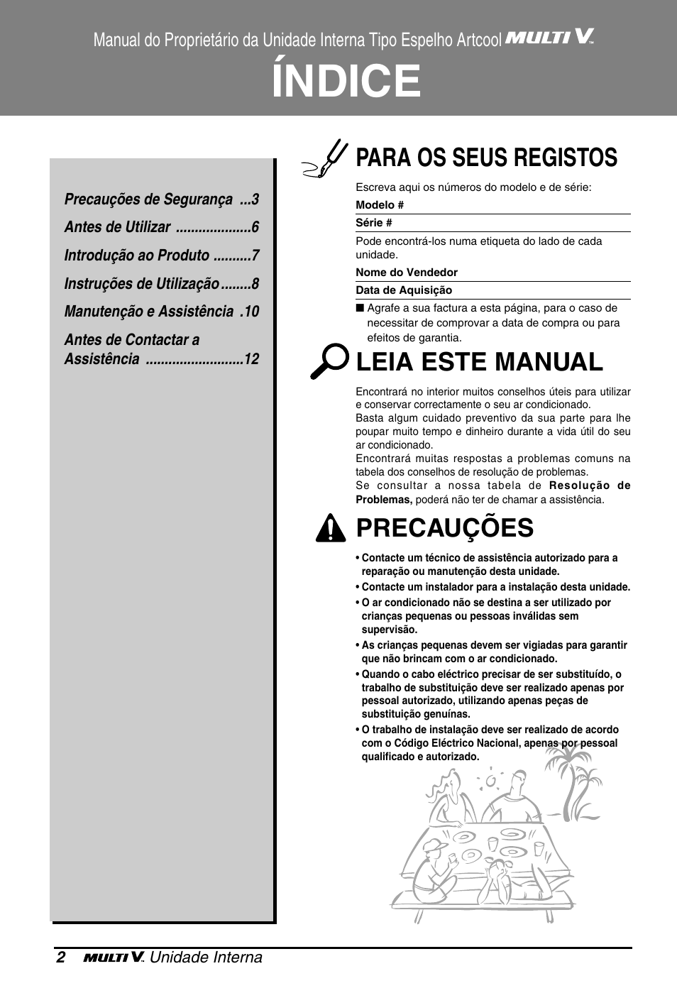 Índice, Para os seus registos, Leia este manual | Precauções | LG ARNU18GS8V2 User Manual | Page 62 / 110