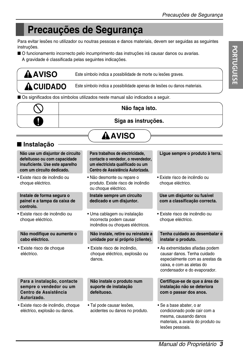 Precauções de segurança, Aviso cuidado, Aviso | Portuguese, Instalação | LG ARNU18GS8V2 User Manual | Page 63 / 110