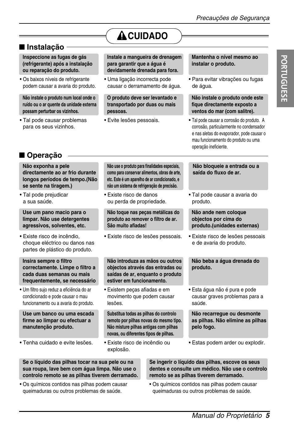 Cuidado, Portuguese, Instalação | Operação, Manual do proprietário 5 | LG ARNU18GS8V2 User Manual | Page 65 / 110