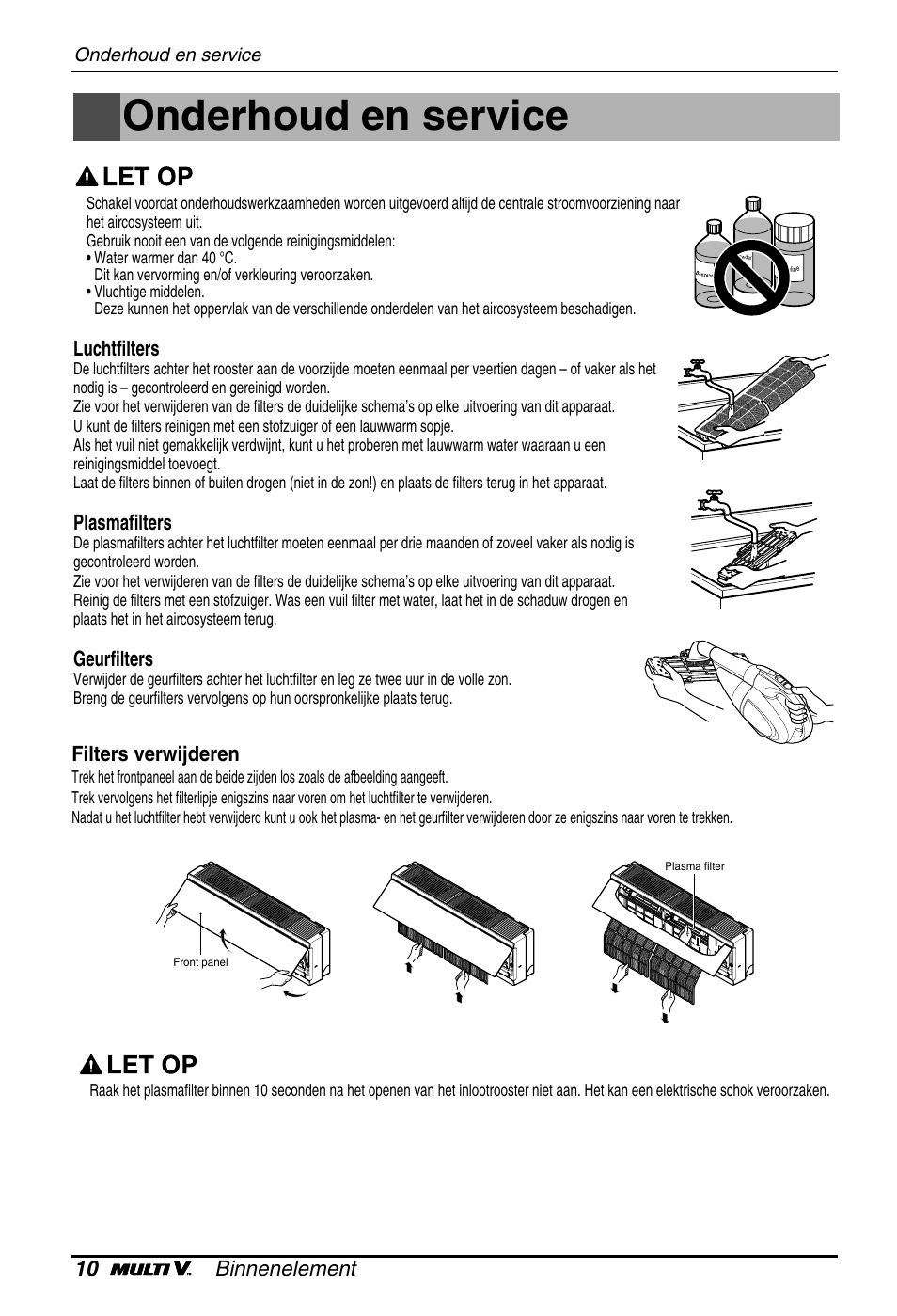 Onderhoud en service, 10 binnenelement, Luchtfilters | Plasmafilters, Geurfilters, Filters verwijderen | LG ARNU18GS8V2 User Manual | Page 95 / 110