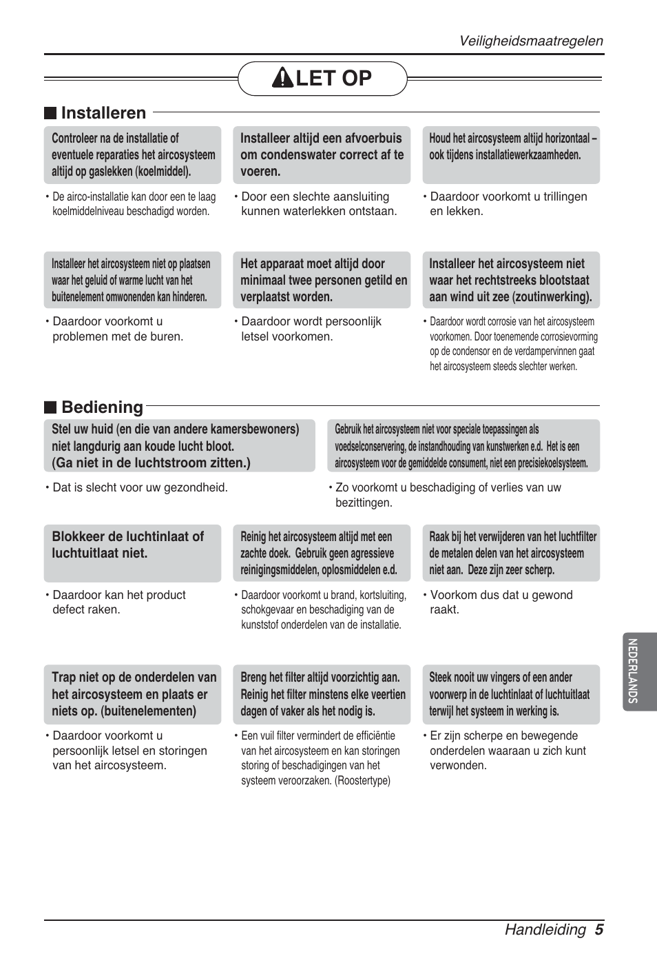 Let op, N installeren, N bediening | LG ARNU07GQAA2 User Manual | Page 103 / 253