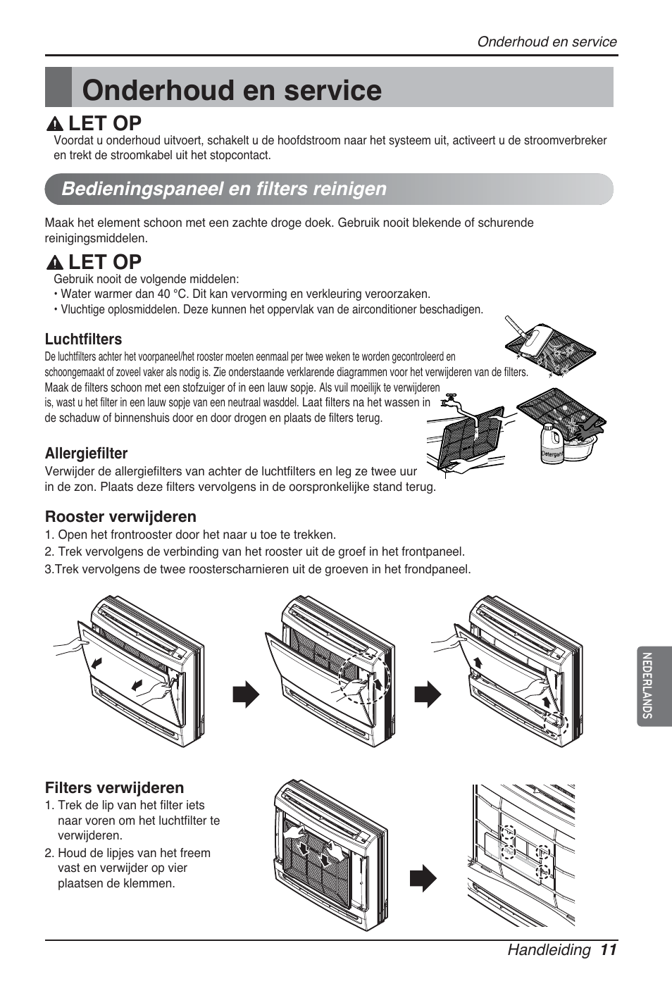 Onderhoud en service, Let op, Bedieningspaneel en filters reinigen | LG ARNU07GQAA2 User Manual | Page 109 / 253