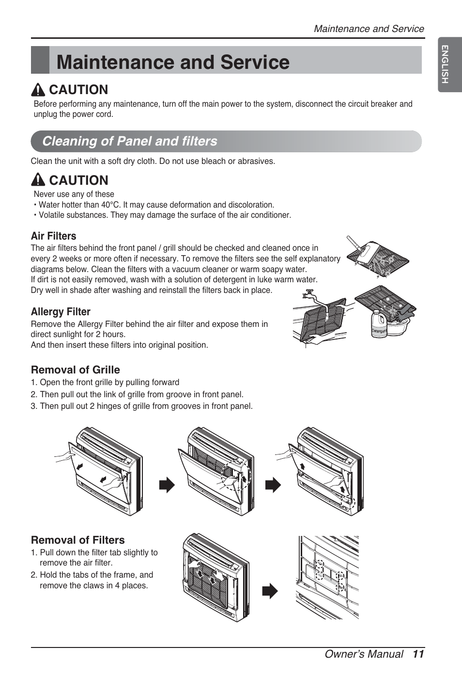 Maintenance and service, Cleaning of panel and filters, Caution | LG ARNU07GQAA2 User Manual | Page 11 / 253