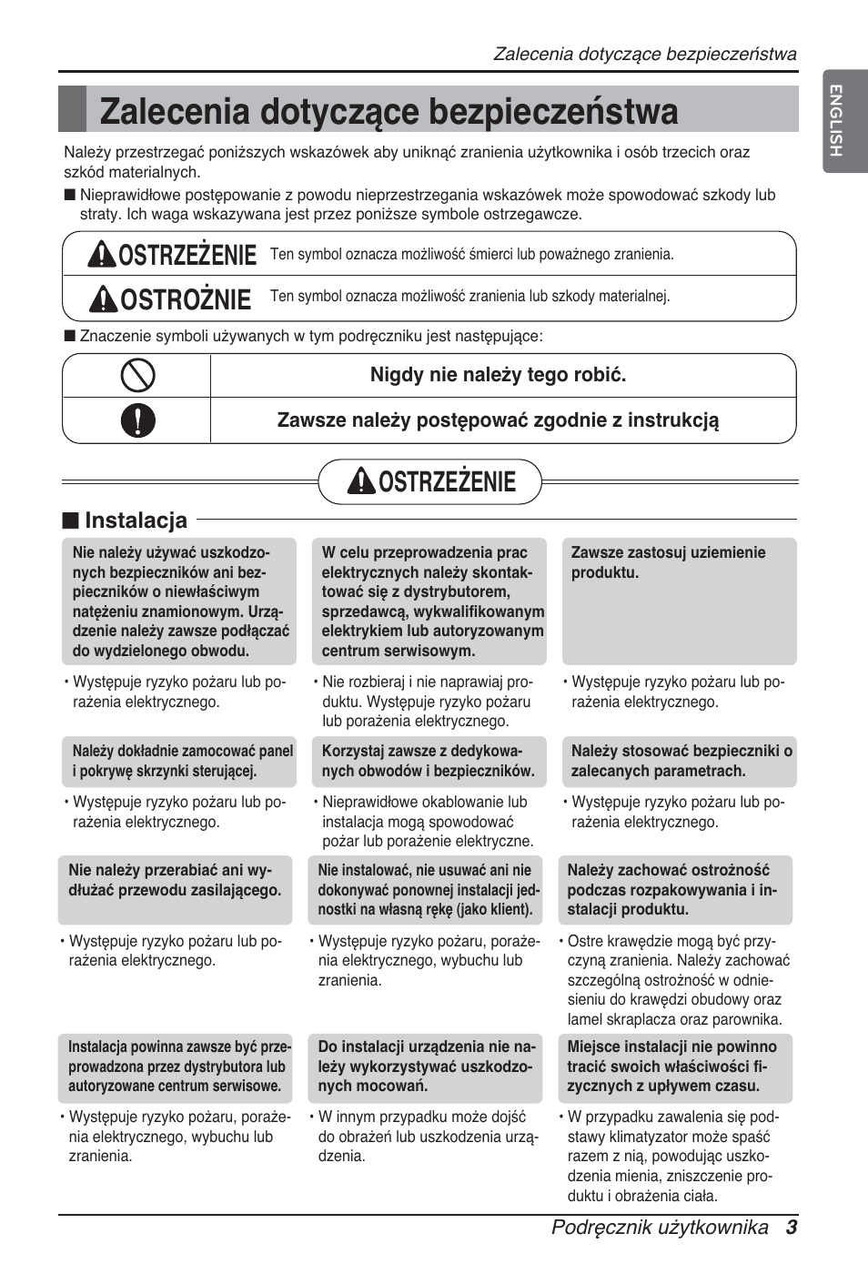 Zalecenia dotyczące bezpieczeństwa, Ostrzeżenie ostrożnie, Ostrzeżenie | N instalacja | LG ARNU07GQAA2 User Manual | Page 115 / 253