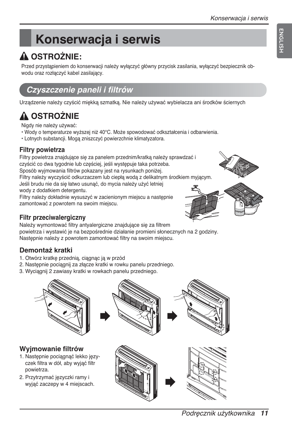 Konserwacja i serwis, Czyszczenie paneli i filtrów, Ostrożnie | LG ARNU07GQAA2 User Manual | Page 123 / 253