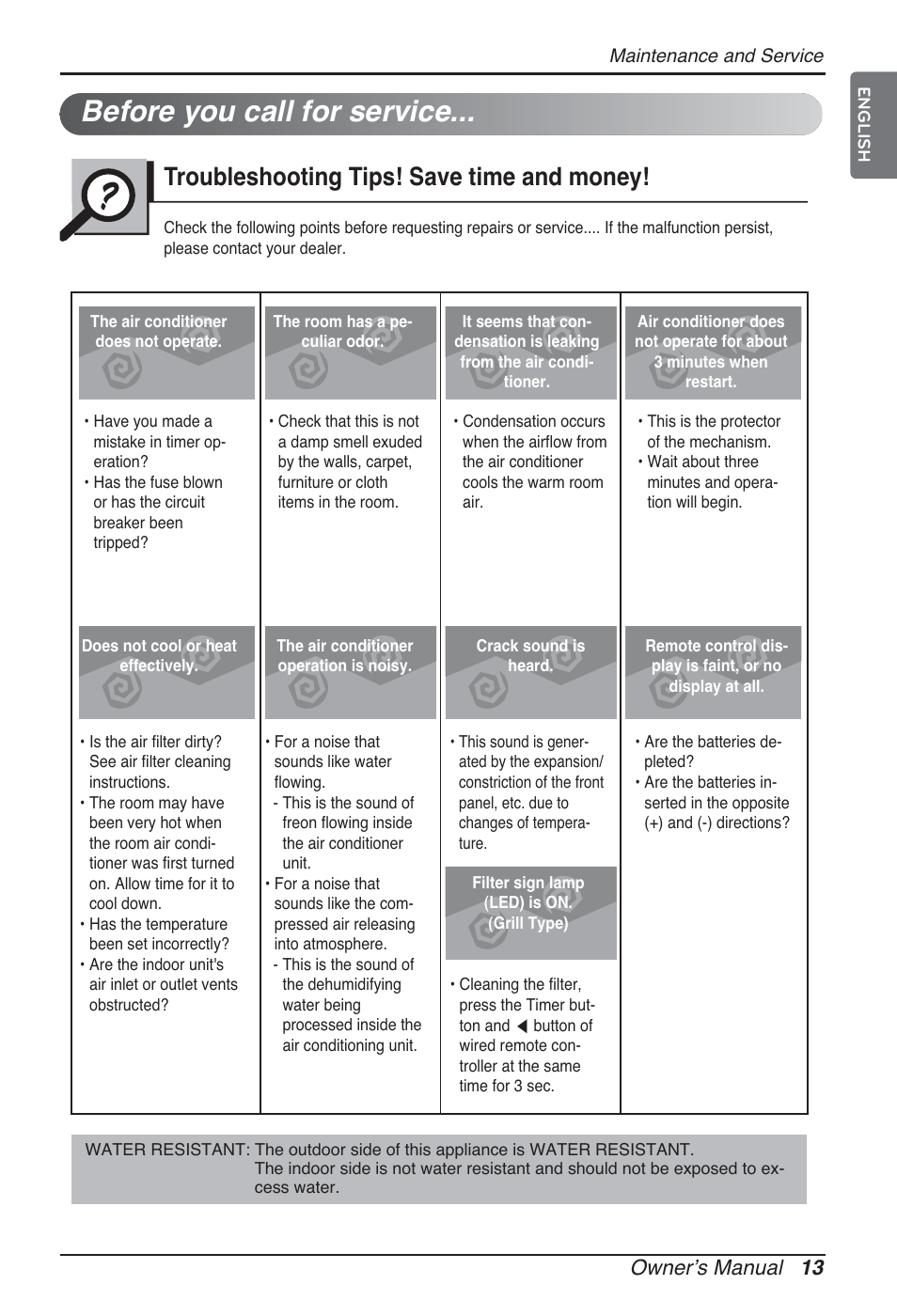 Before you call for service, Troubleshooting tips! save time and money, Ownerʼs manual 13 | LG ARNU07GQAA2 User Manual | Page 13 / 253