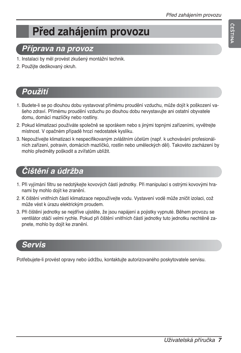 Před zahájením provozu, Příprava na provoz použití čištění a údržba servis | LG ARNU07GQAA2 User Manual | Page 147 / 253