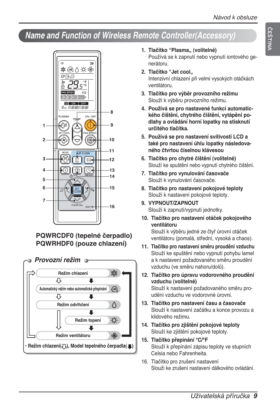 Provozní režim, Uživatelská příručka 9 | LG ARNU07GQAA2 User Manual | Page 149 / 253