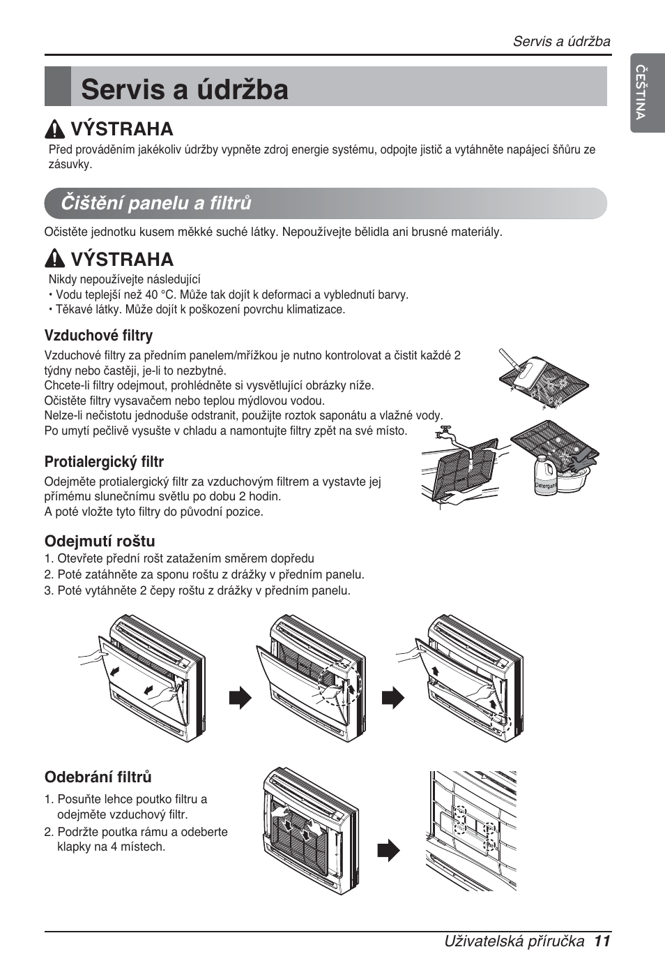 Servis a údržba, Čištění panelu a filtrů, Výstraha | LG ARNU07GQAA2 User Manual | Page 151 / 253