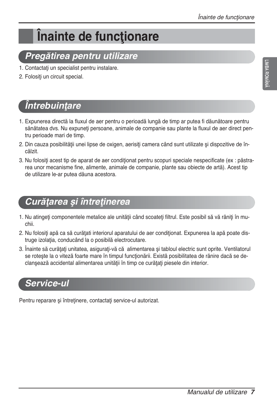 Înainte de funcţionare | LG ARNU07GQAA2 User Manual | Page 161 / 253