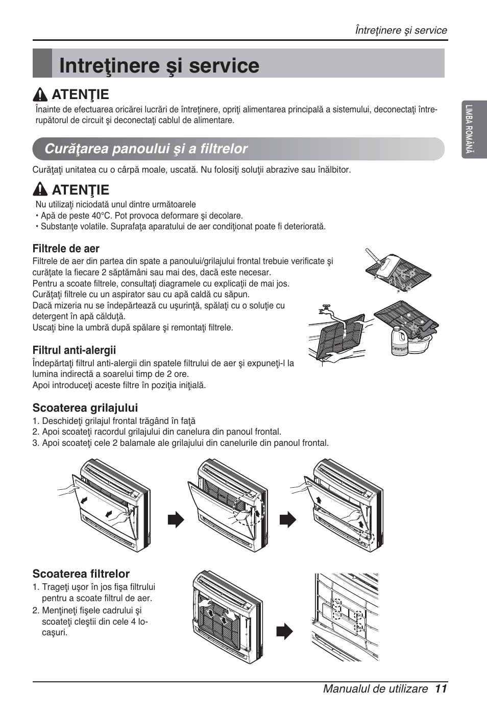 Intreţinere şi service, Curăţarea panoului şi a filtrelor, Atenţie | LG ARNU07GQAA2 User Manual | Page 165 / 253