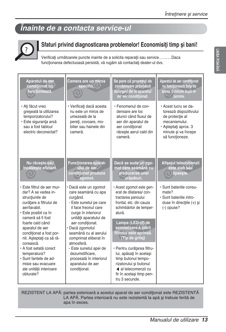 Înainte de a contacta service-ul, Manualul de utilizare 13 | LG ARNU07GQAA2 User Manual | Page 167 / 253