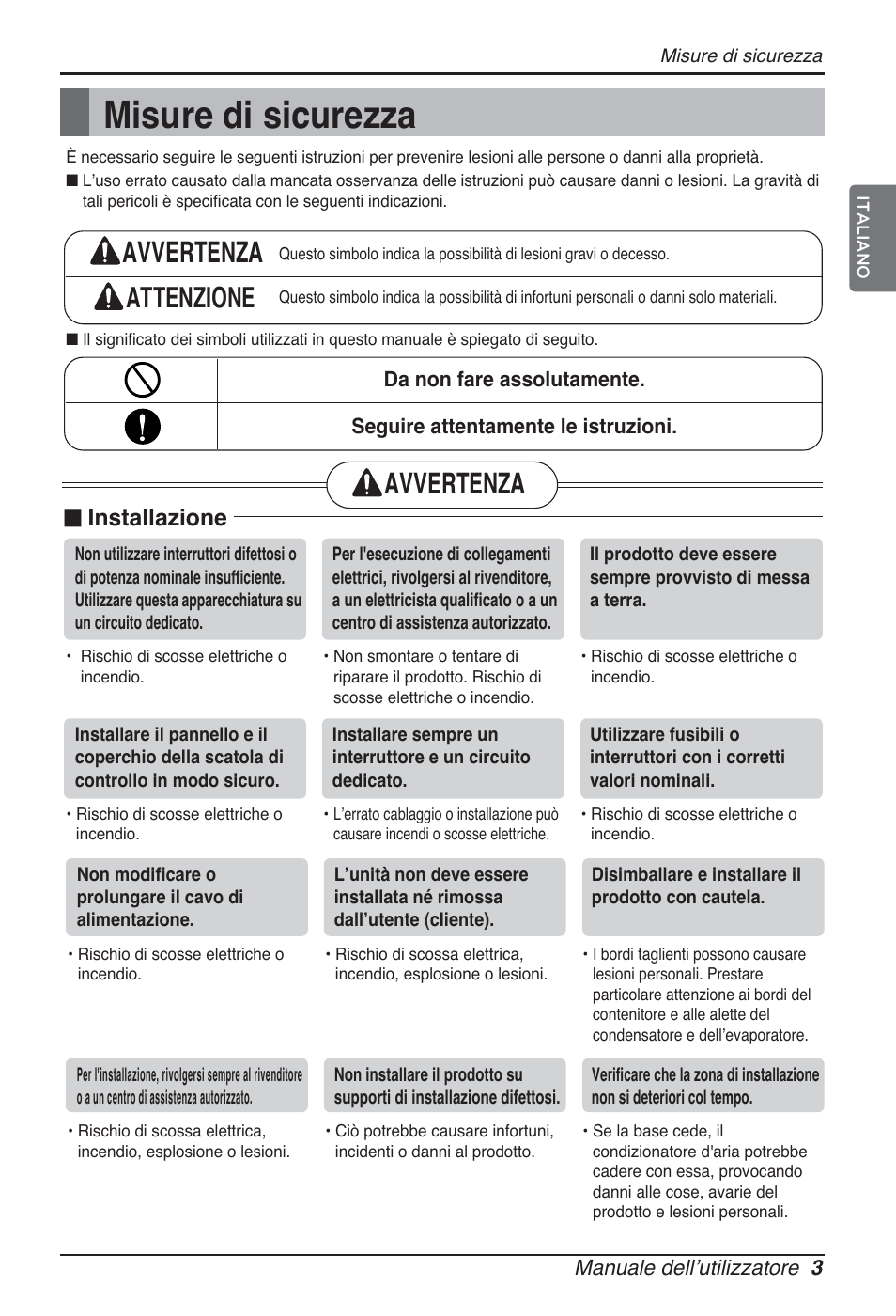 Misure di sicurezza, Avvertenza attenzione, Avvertenza | N installazione | LG ARNU07GQAA2 User Manual | Page 17 / 253