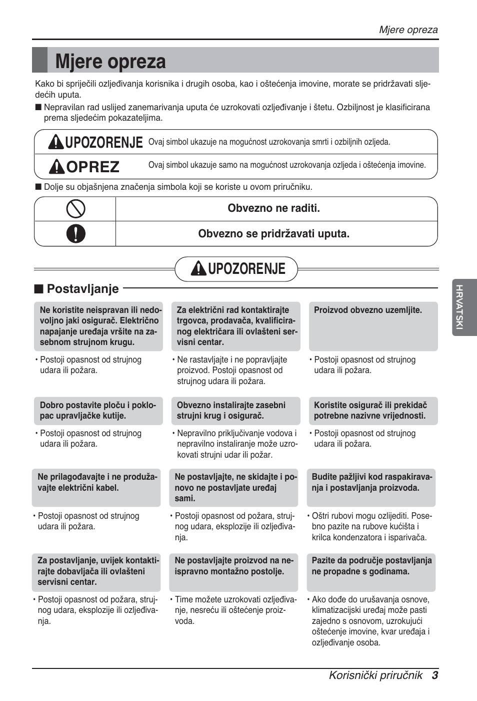 Mjere opreza, Upozorenje oprez, Upozorenje | N postavljanje | LG ARNU07GQAA2 User Manual | Page 199 / 253