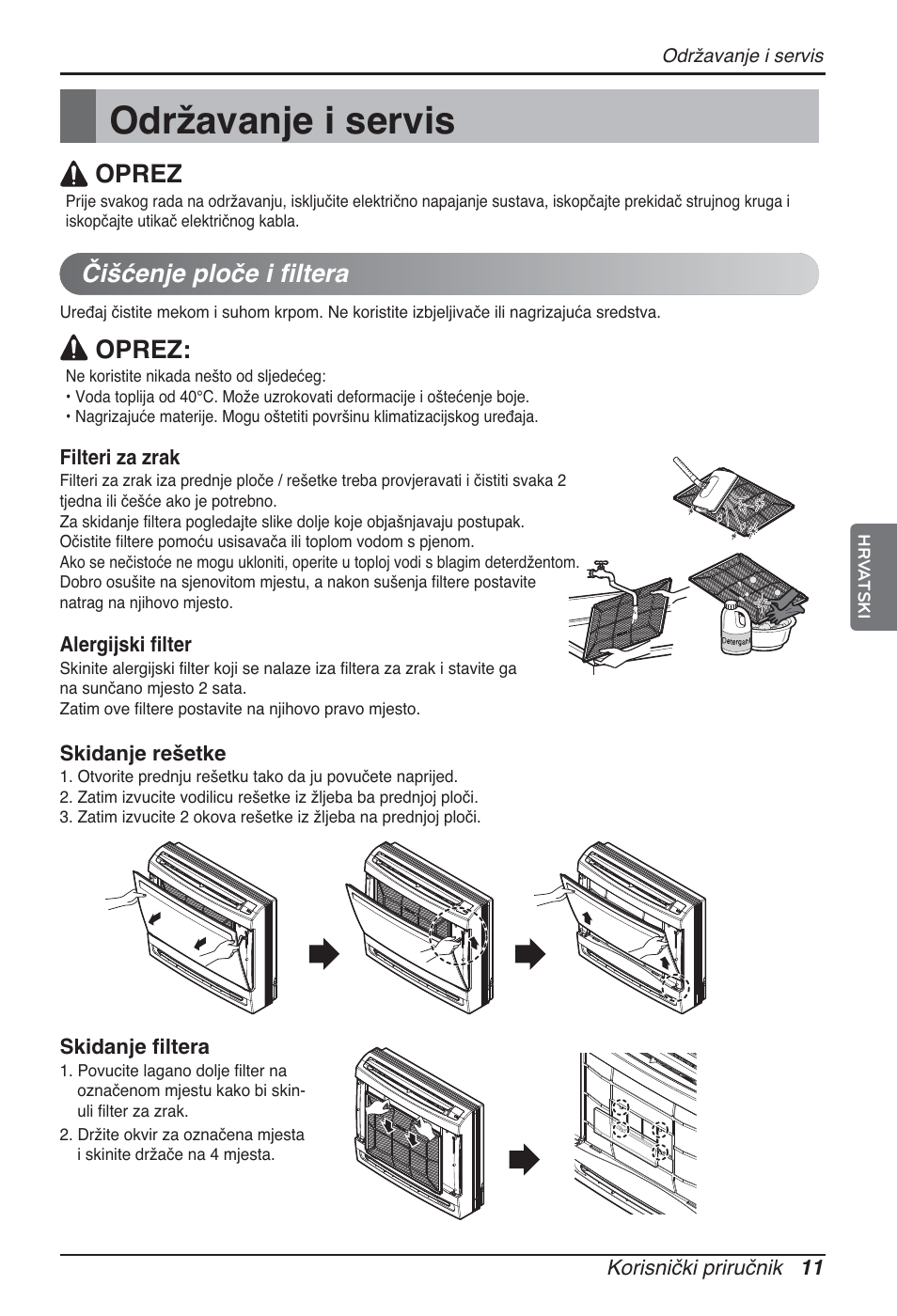 Održavanje i servis, Čišćenje ploče i filtera, Oprez | LG ARNU07GQAA2 User Manual | Page 207 / 253