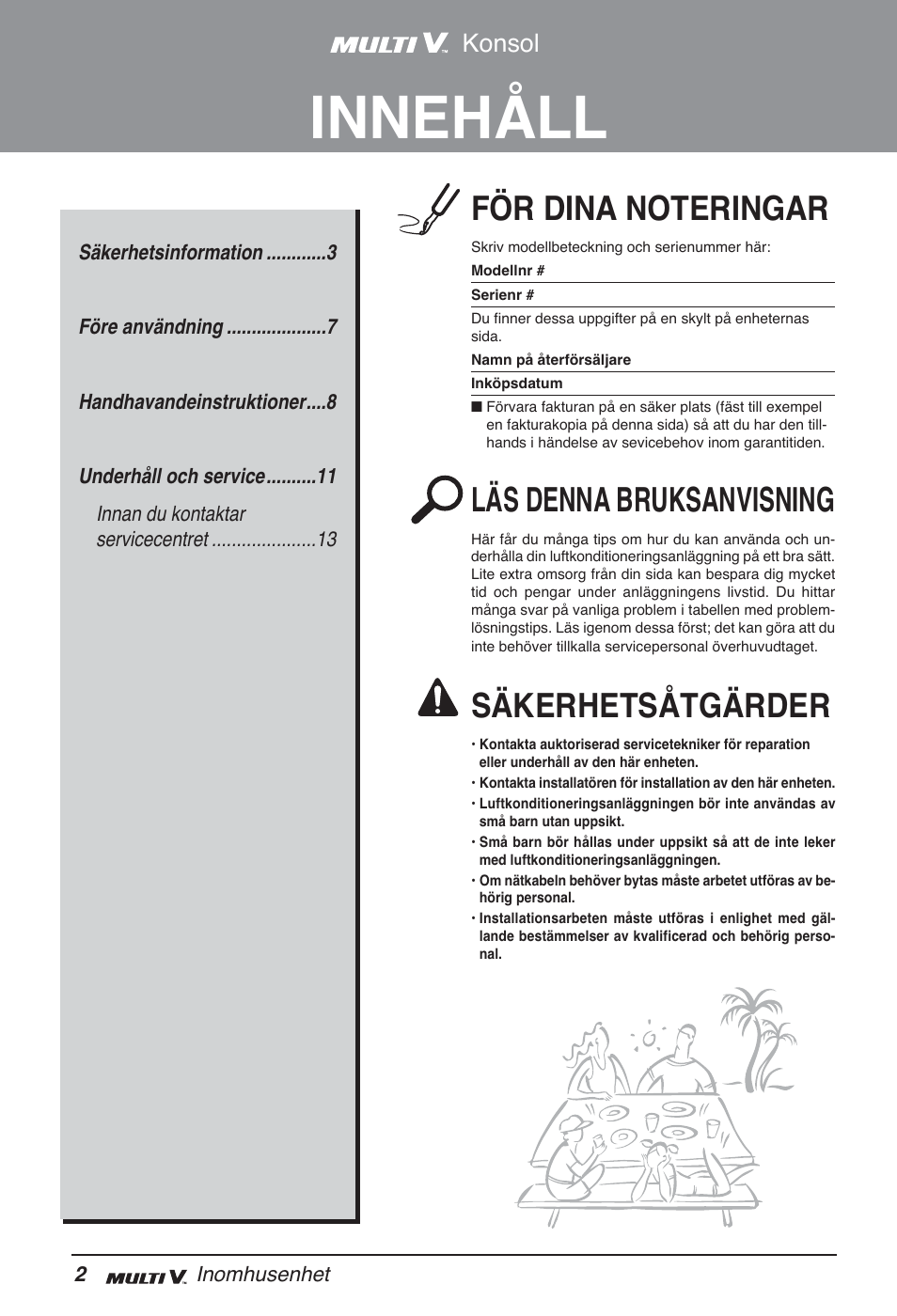 Innehåll, Läs denna bruksanvisning, Säkerhetsåtgärder | Konsol | LG ARNU07GQAA2 User Manual | Page 212 / 253