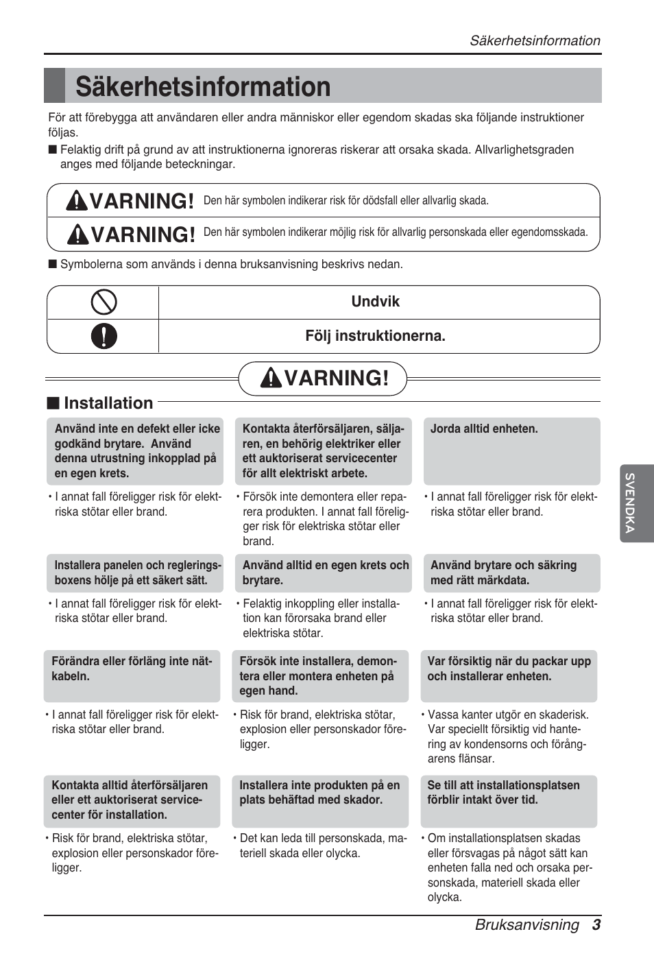 Säkerhetsinformation, Varning, N installation | LG ARNU07GQAA2 User Manual | Page 213 / 253