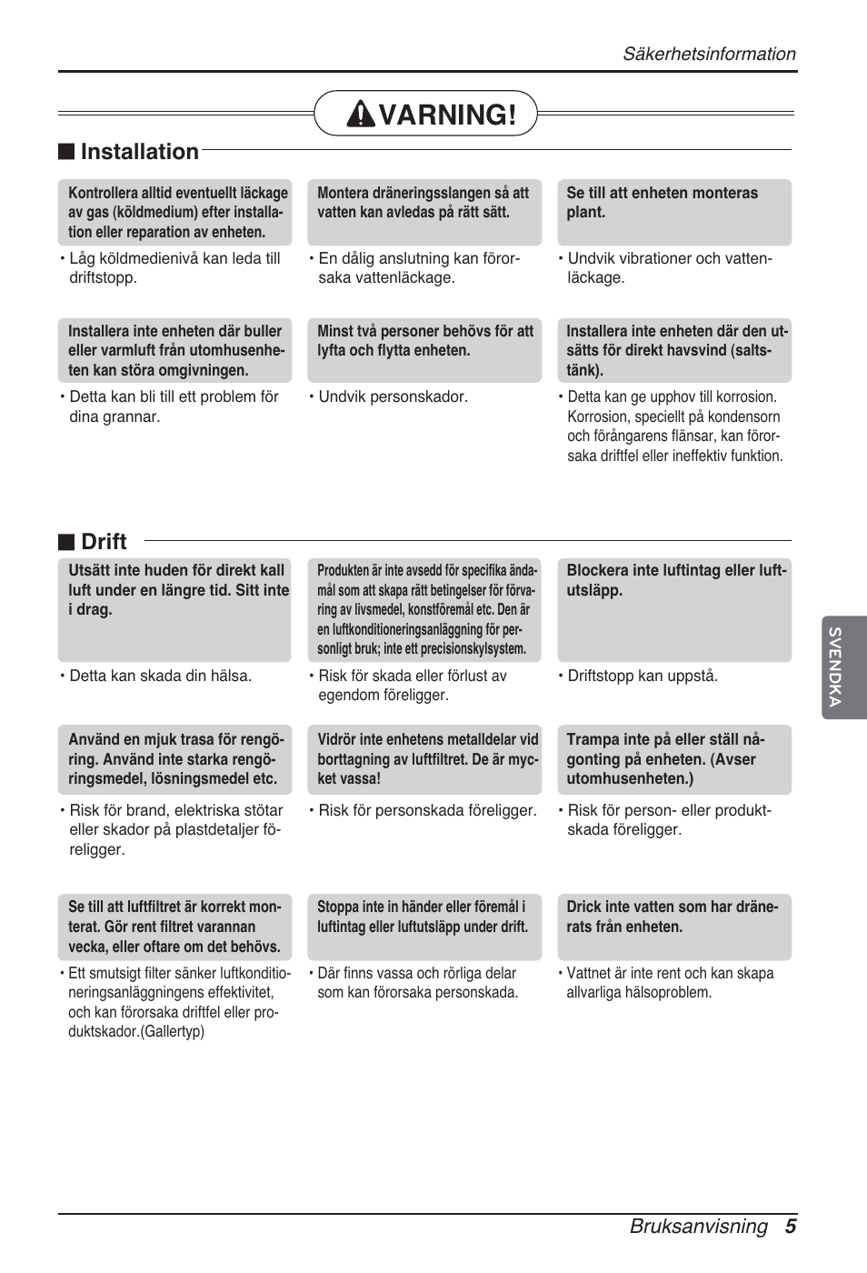 Varning, N installation, N drift | Bruksanvisning 5 | LG ARNU07GQAA2 User Manual | Page 215 / 253